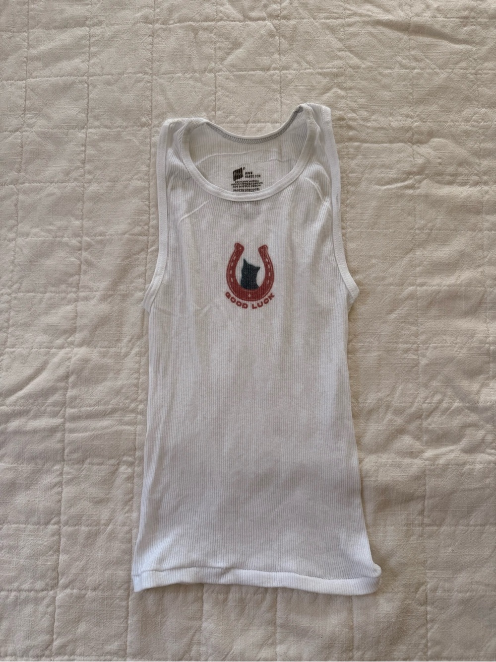 White Ribbed Tank Top with Red Horseshoe Graphic